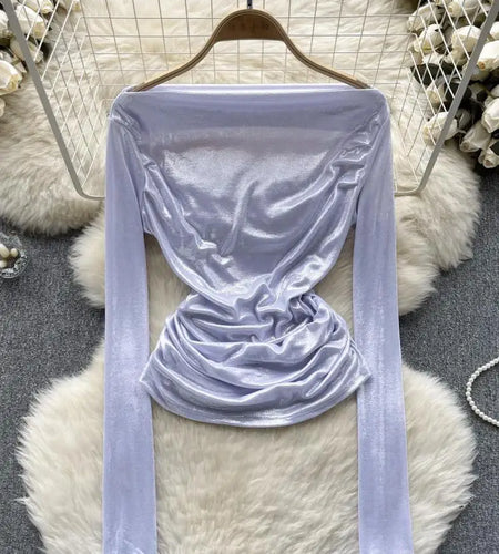 Solid Sexy Off Shoulder Long Sleeve Bright Pleated Tops Women's Autumn 2023 New Elegant Slim Versatile Bottom Shirt Trend Simple