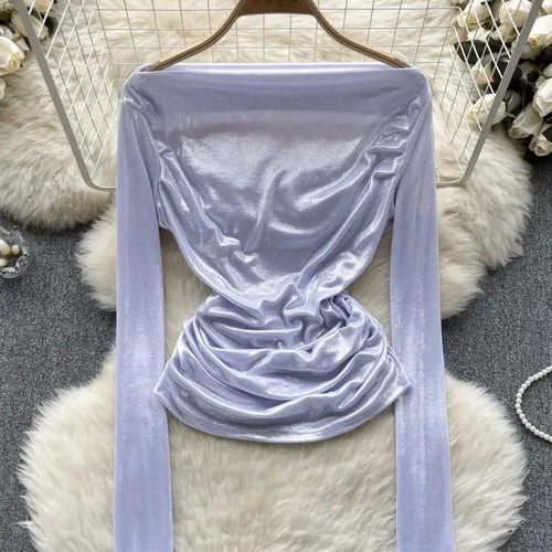 Load image into Gallery viewer, Solid Sexy Off Shoulder Long Sleeve Bright Pleated Tops Women's Autumn 2023 New Elegant Slim Versatile Bottom Shirt Trend Simple
