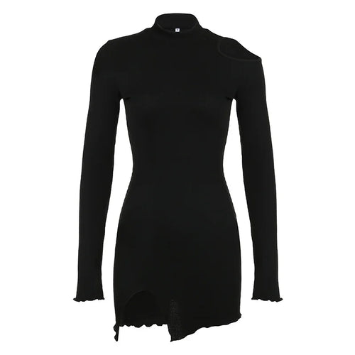 Load image into Gallery viewer, Black Bodycon Long Sleeve Spring Dress Women Cut Out Stand Collar Basic Fashion Mini Dresses Split Basic Elegant New
