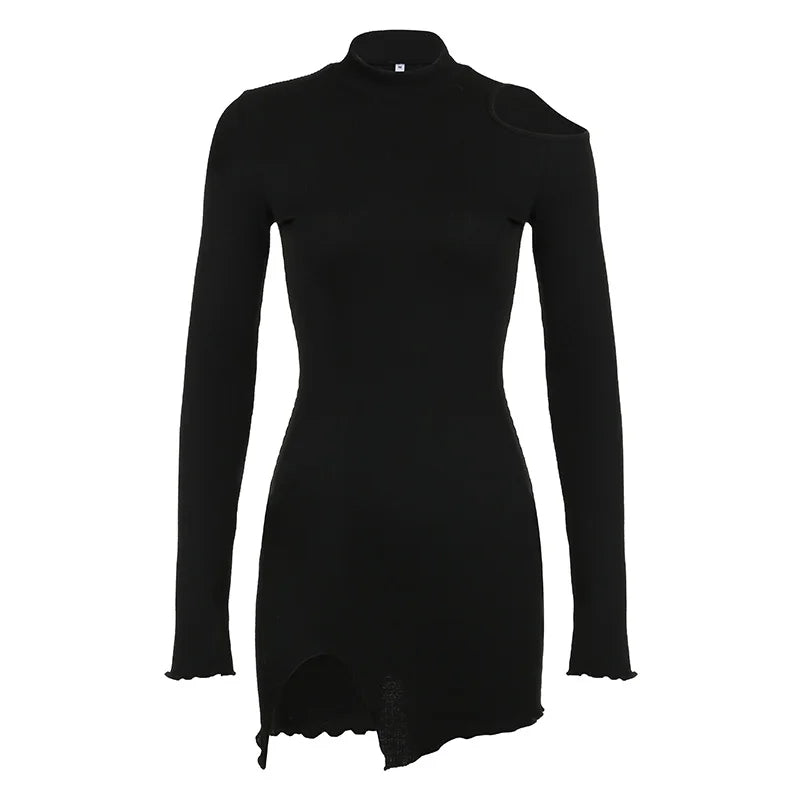 Black Bodycon Long Sleeve Spring Dress Women Cut Out Stand Collar Basic Fashion Mini Dresses Split Basic Elegant New