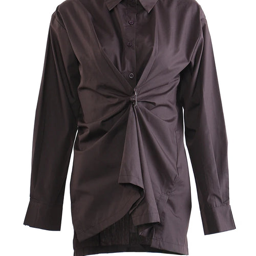 Load image into Gallery viewer, Women Brown Pleated Elegant Irregular Big Size Blouse New Lapel Long Sleeve Shirt Fashion Tide Spring Autumn 2025  1DJ1089
