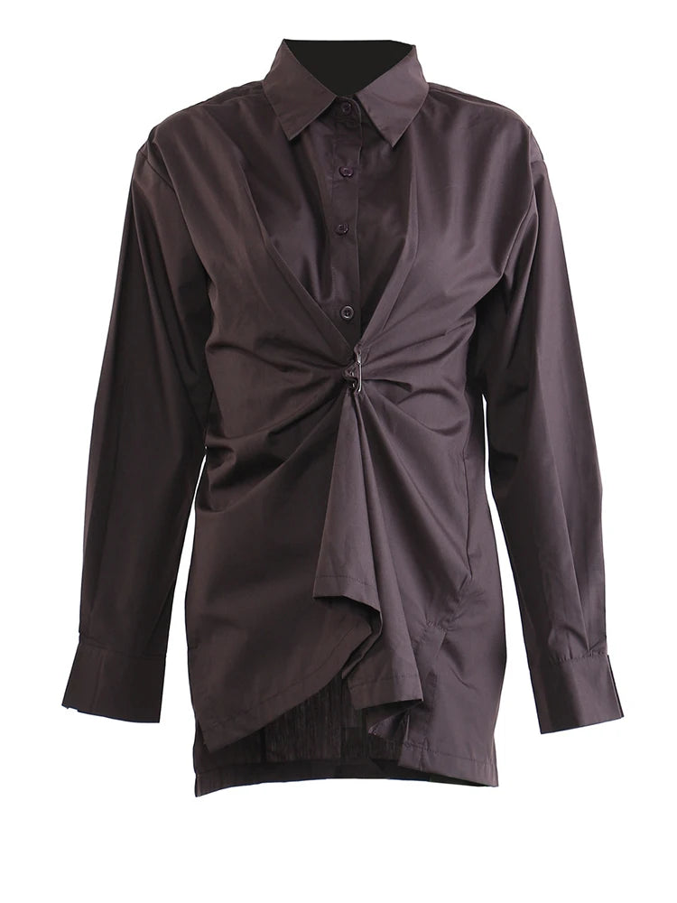 Women Brown Pleated Elegant Irregular Big Size Blouse New Lapel Long Sleeve Shirt Fashion Tide Spring Autumn 2025  1DJ1089