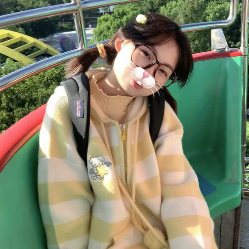 Load image into Gallery viewer, Japanese Kawaii Cartoon Dog Embroidery Knited Cardigan Women All Match Striped Sweater Jackets Hooded Coats Kardigany
