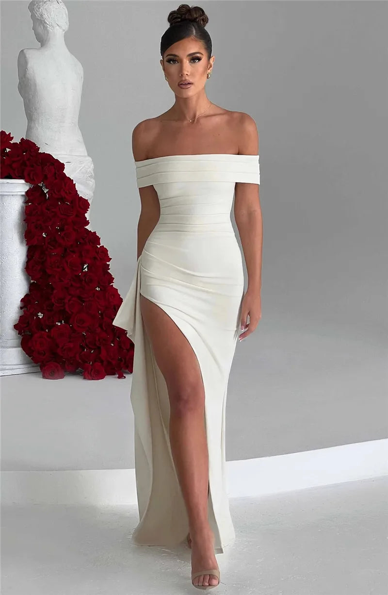 Elegant Off-shoulder High Split Maxi Dress Women Fashion Strapless Sleeveless Backless Bodycon Club Party Sexy Dress