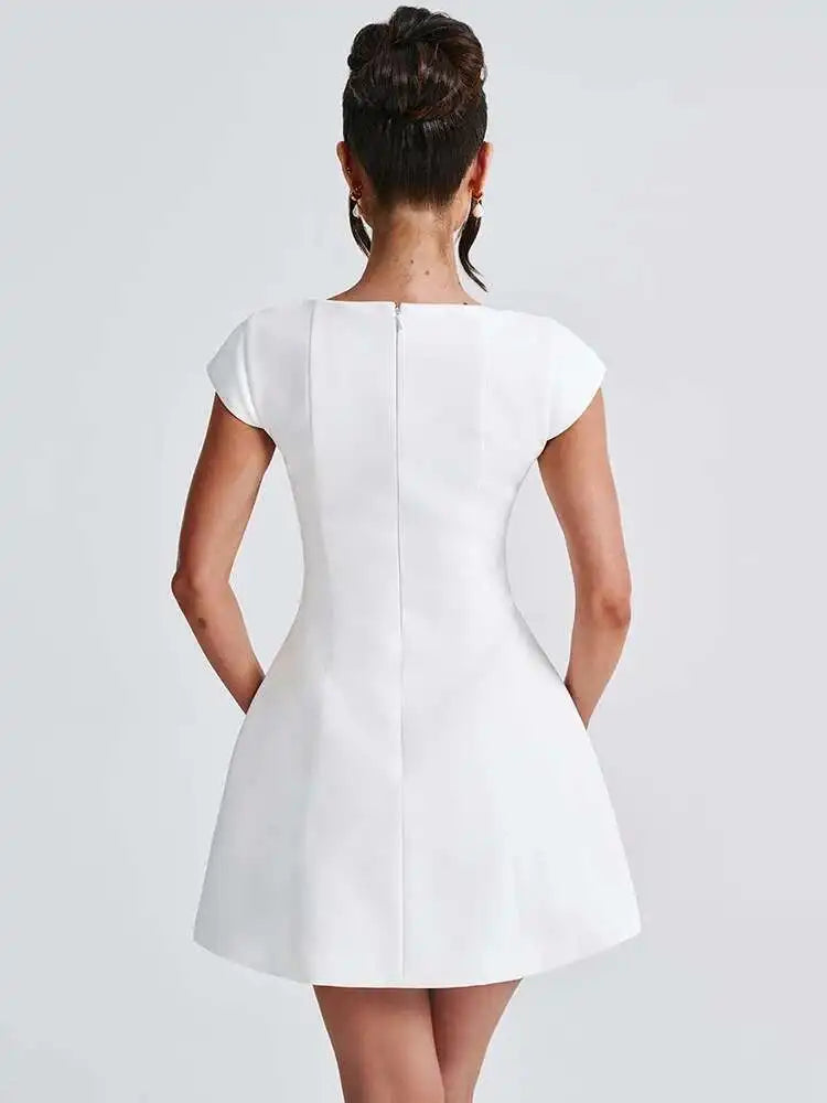 Square Collar Short Sleeve Mini Dress For Women Robe New Fashion Solid A-line Loose High Waist Short Dress Elegant