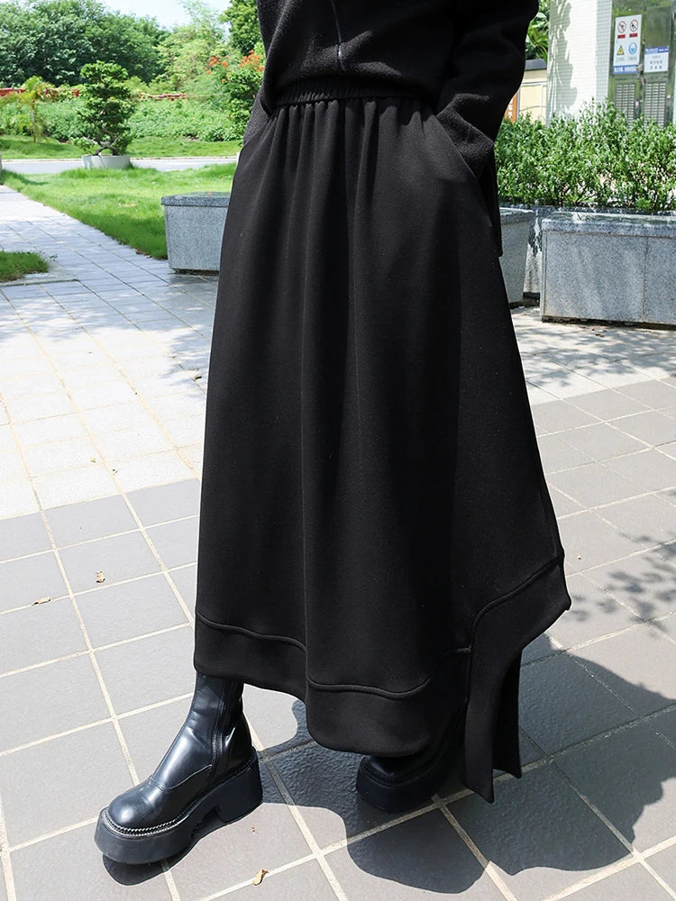 High Elastic Waist Black Irregular Hem Pocket A-line Half-body Skirt Women Fashion Tide New Spring Autumn 2025 1DJ0942