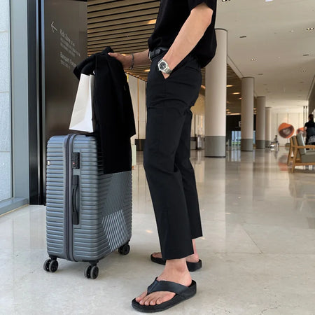 Korean Style Men's Casual Suit Pants Straight Solid Color Simple Zippers Male Loose Trousers Chic Summer 9C6235