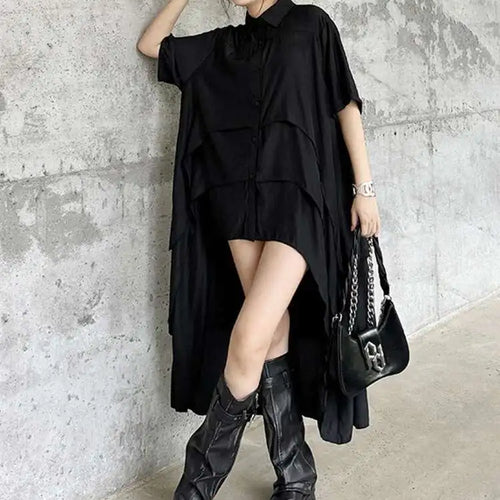 Load image into Gallery viewer, Women Black Layers Back Long Big Size Long Shirt Dress New Lapel Short Sleeve Fashion Tide Spring Summer 2025 1DH6073
