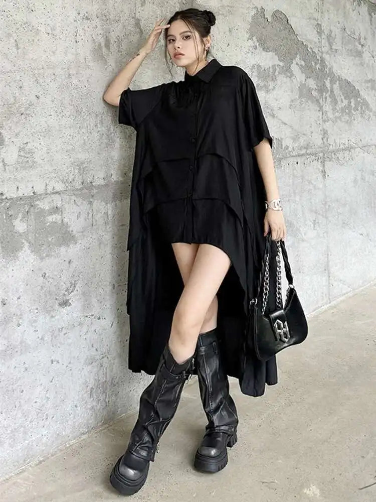Women Black Layers Back Long Big Size Long Shirt Dress New Lapel Short Sleeve Fashion Tide Spring Summer 2025 1DH6073
