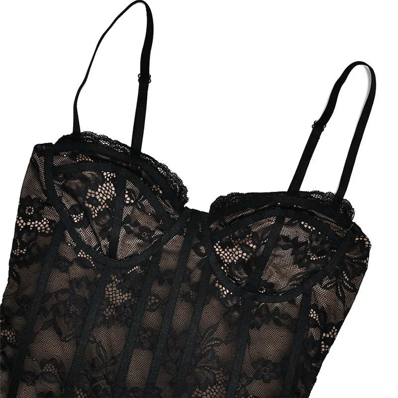 Black Lace Puffball Sexy Mini Dress For Women Fashion Lace-up Sheer Long Flare Sleeve High Waist Club Party Dress