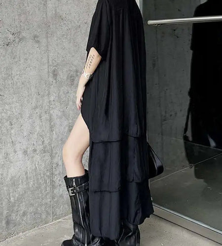 Women Black Layers Back Long Big Size Long Shirt Dress New Lapel Short Sleeve Fashion Tide Spring Summer 2025 1DH6073