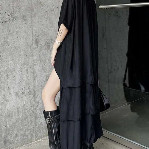 Load image into Gallery viewer, Women Black Layers Back Long Big Size Long Shirt Dress New Lapel Short Sleeve Fashion Tide Spring Summer 2025 1DH6073
