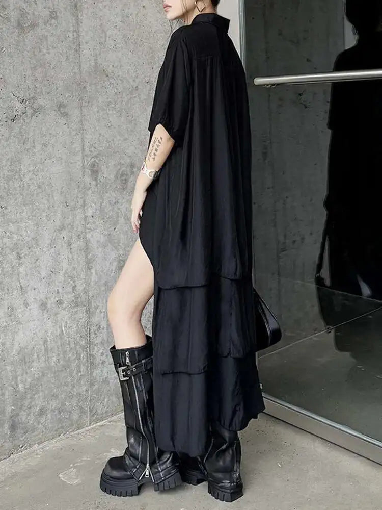 Women Black Layers Back Long Big Size Long Shirt Dress New Lapel Short Sleeve Fashion Tide Spring Summer 2025 1DH6073