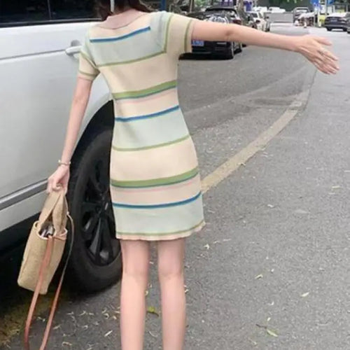 Load image into Gallery viewer, Korean Fashion Women New Beige Striped Single Breasted Knitted Mini Dress Spring Summer Short Sleeves Holiday Dress Casual Trend
