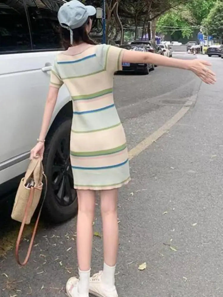Korean Fashion Women New Beige Striped Single Breasted Knitted Mini Dress Spring Summer Short Sleeves Holiday Dress Casual Trend