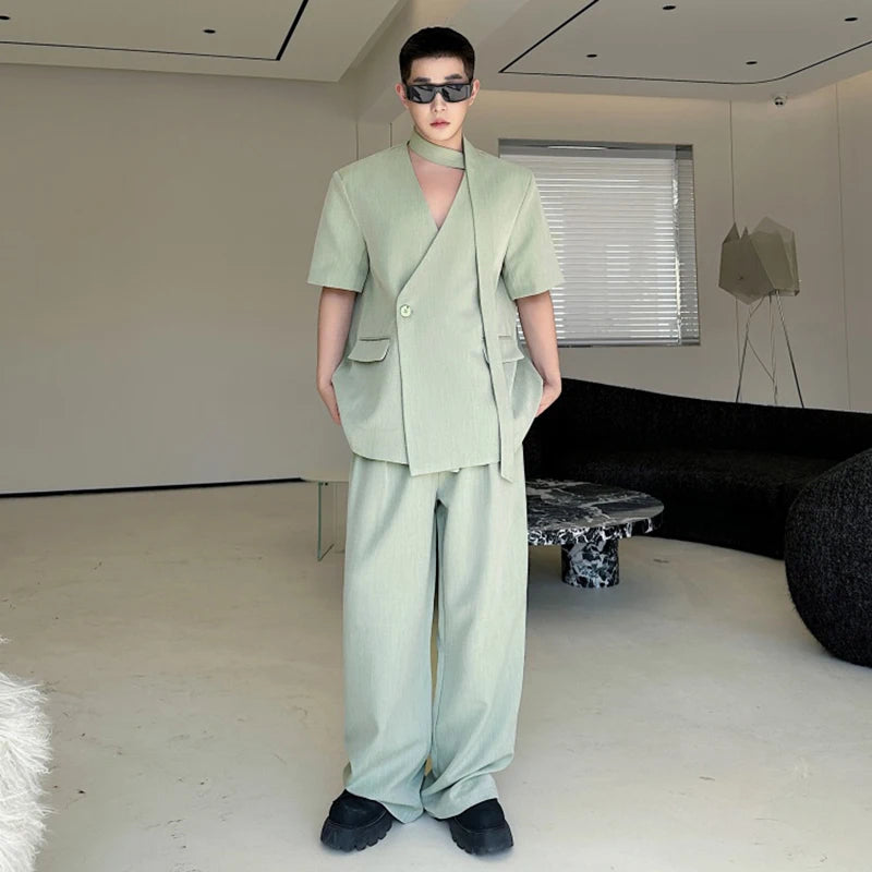 Men's Pants Set Short Sleeve Shits Loose Trendy Single Breasted Tide Solid Color Simple Top Straight Leg Trousers 9W1879