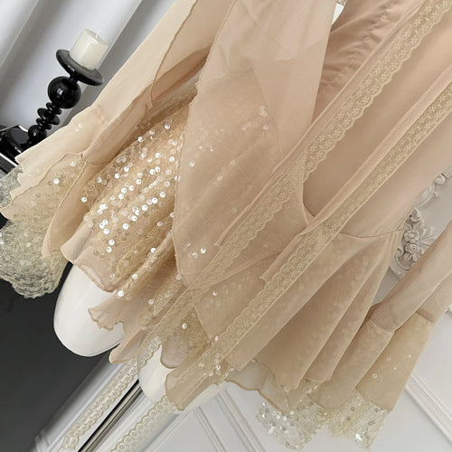Load image into Gallery viewer, French Vintage Women's Khaki Sequins Long Sleeved Elegant Pleated Short Dress Autumn Winter Sweet Ruffles Mini Princess Dresses
