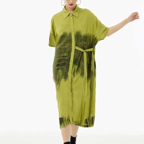 Load image into Gallery viewer, Women Green Pattern Printed Belted Big Size Shirt Dress New Lapel Short Sleeve Fashion Tide Spring Summer 2025  1DH5759
