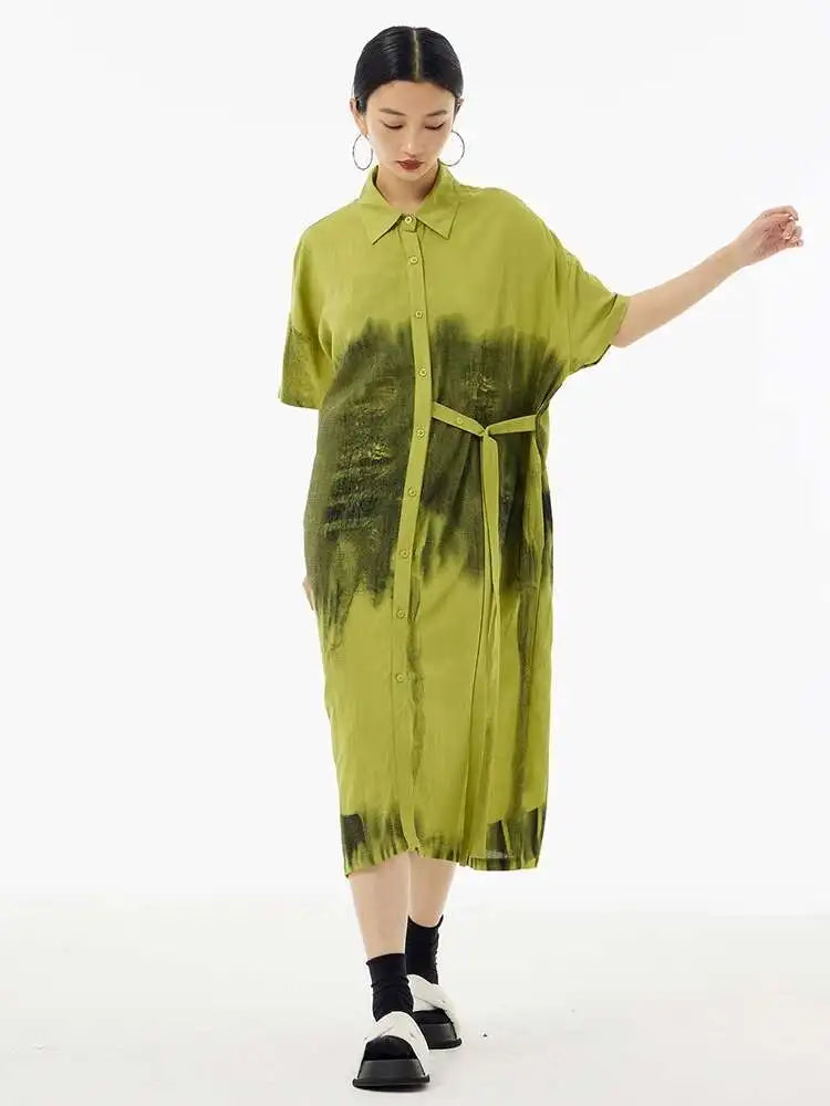 Women Green Pattern Printed Belted Big Size Shirt Dress New Lapel Short Sleeve Fashion Tide Spring Summer 2025  1DH5759