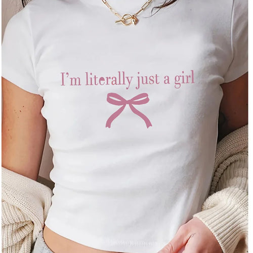 Load image into Gallery viewer, Women Summer Slogan Bow Detail-Knot Print Round Neck Short Sleeve Casual T-Shirt
