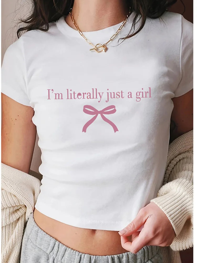 Women Summer Slogan Bow Detail-Knot Print Round Neck Short Sleeve Casual T-Shirt