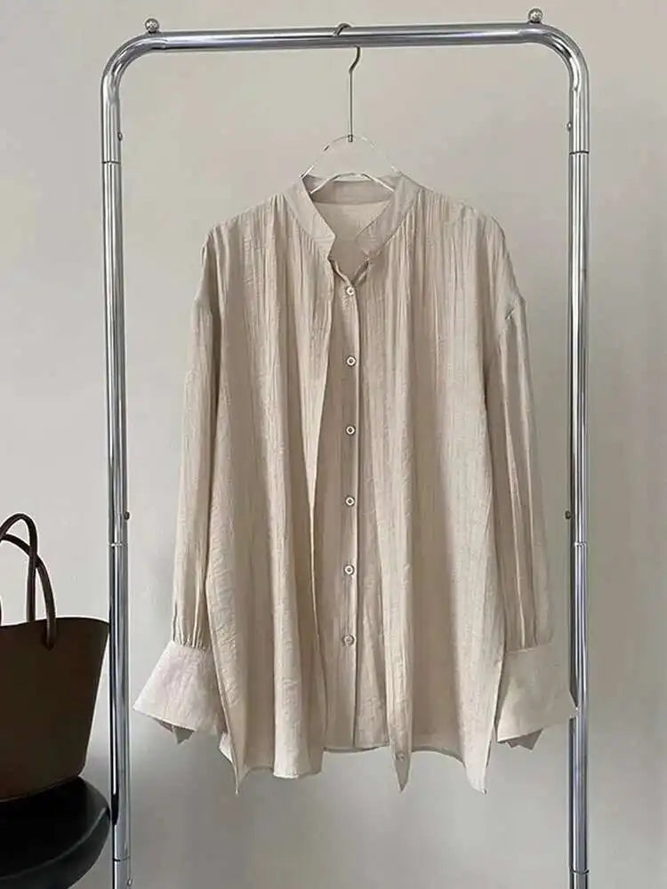 Women Apricot Cross Bandage Blouse New Stand Collar Long Sleeve Loose Fit Shirt Fashion Tide Spring Autumn 2025 1DF1552