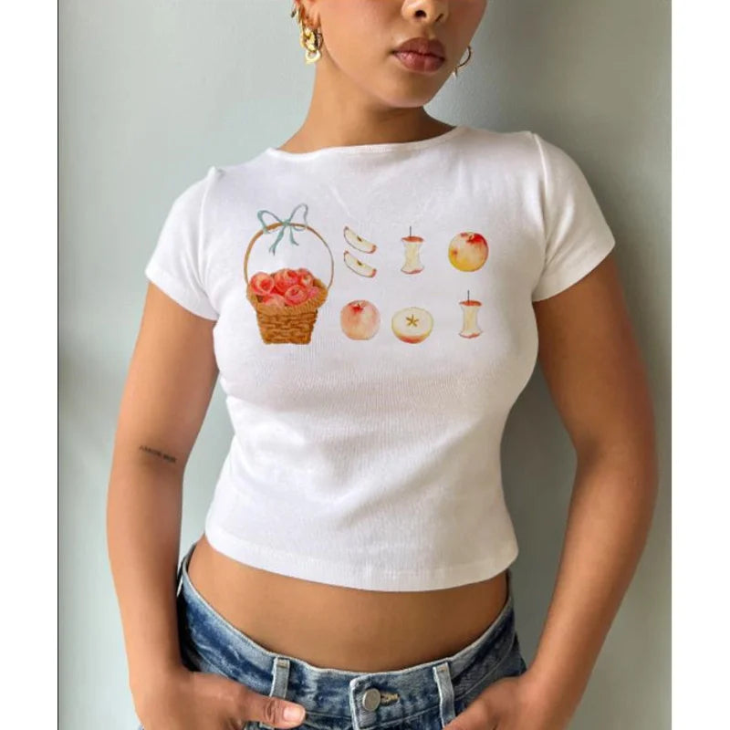y2k Baby Tee Women Craphic Crop Top Round Neck Short Sleeve T Shirt Casual Vest 2000s Aesthetic Clothes Streetwear