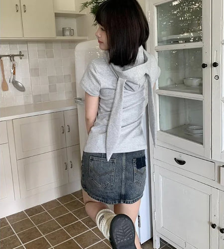Kawaii Rabbit Ear Zipper T-shirts Y2k Aesthetic Slim Streetwear Korean Fashion Tees Short Sleeve Fairy Harajuku Hoody Top Women
