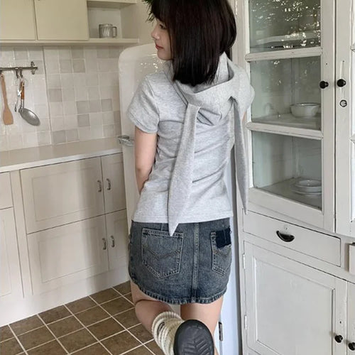 Load image into Gallery viewer, Kawaii Rabbit Ear Zipper T-shirts Y2k Aesthetic Slim Streetwear Korean Fashion Tees Short Sleeve Fairy Harajuku Hoody Top Women
