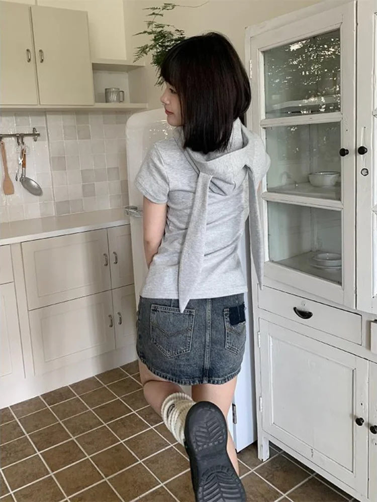 Kawaii Rabbit Ear Zipper T-shirts Y2k Aesthetic Slim Streetwear Korean Fashion Tees Short Sleeve Fairy Harajuku Hoody Top Women