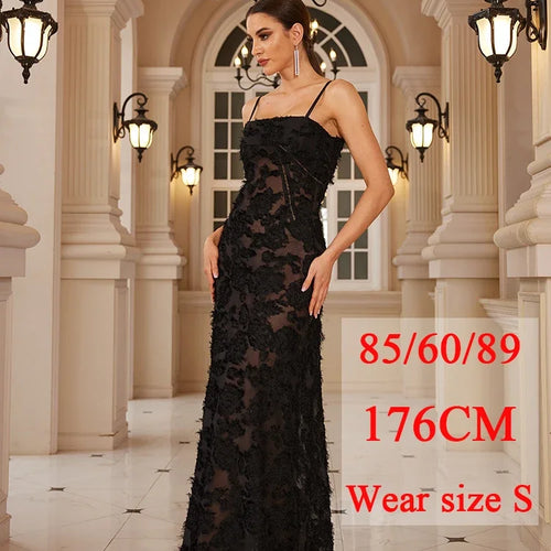 Load image into Gallery viewer, Black Spaghetti Strap Christmas Dress Sexy See Through Elegant and Beautiful Women Dress Appliques Maxi Formal Dress
