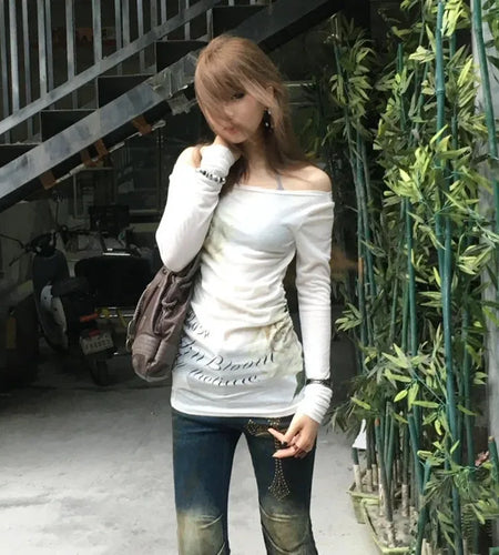 Japanese Y2k Off Shoulder Tops Vintage 2000s Style Knitted T-shirt Harajuku Flower Print Long Sleeve Sheer Tops American