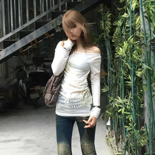 Japanese Y2k Off Shoulder Tops Vintage 2000s Style Knitted T-shirt Harajuku Flower Print Long Sleeve Sheer Tops American