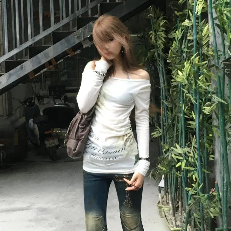 Japanese Y2k Off Shoulder Tops Vintage 2000s Style Knitted T-shirt Harajuku Flower Print Long Sleeve Sheer Tops American