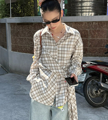 Women Blue Plaid Bandgae Casual Big Size Long Blouse New Lapel Long Sleeve Shirt Fashion Tide Spring Autumn 2025 1DH9771