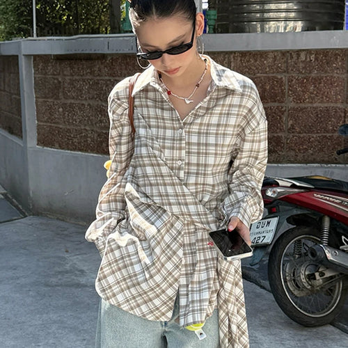 Load image into Gallery viewer, Women Blue Plaid Bandgae Casual Big Size Long Blouse New Lapel Long Sleeve Shirt Fashion Tide Spring Autumn 2025 1DH9771
