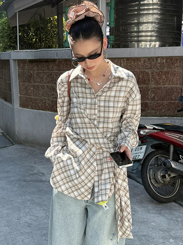 Women Blue Plaid Bandgae Casual Big Size Long Blouse New Lapel Long Sleeve Shirt Fashion Tide Spring Autumn 2025 1DH9771
