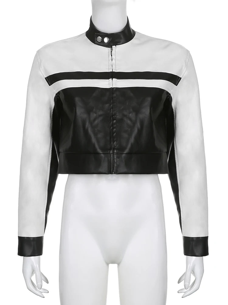 Streetwear Chic Autumn Winter PU Leather Jacket Women Zipper Coat Black White Patchwork Motorcycle Jacket Y2K Outwear