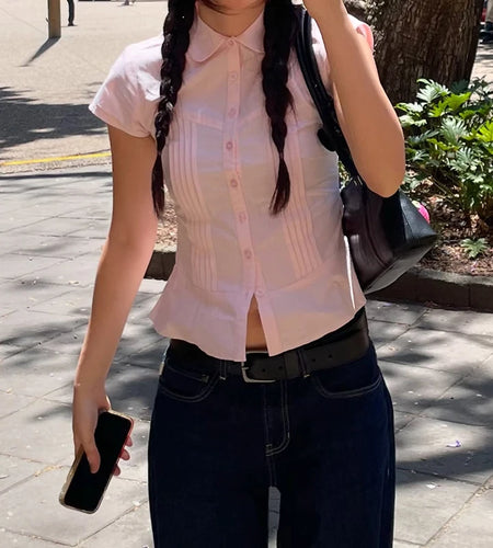 Solid Organ Pleated Summer Shirts Women Turn Down Collar A-Line Short Sleeve Blouse Y2K Aesthetic Girl Sweety Clothes