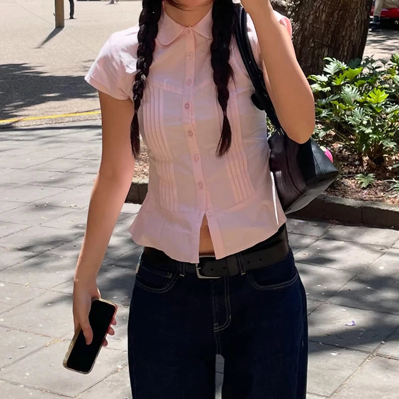 Solid Organ Pleated Summer Shirts Women Turn Down Collar A-Line Short Sleeve Blouse Y2K Aesthetic Girl Sweety Clothes