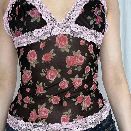 Load image into Gallery viewer, Retro Rose Printed Mesh Sheer Crop Tops for Women Summer Lace Trim V Neck Backless Camis Top French Holiday P67-BF10
