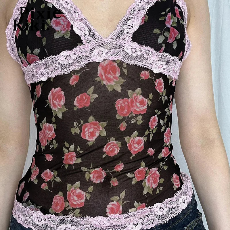 Retro Rose Printed Mesh Sheer Crop Tops for Women Summer Lace Trim V Neck Backless Camis Top French Holiday P67-BF10