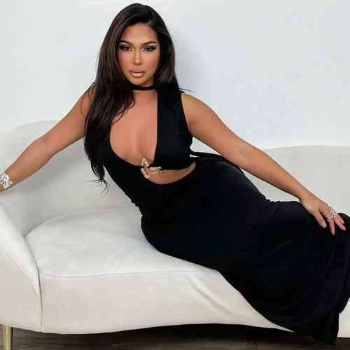 Load image into Gallery viewer, Hollow Out Halter Sexy Maxi Dress Women Summer New Metal Decoration Sleeveless Slim High Waist Long Dress Elegant
