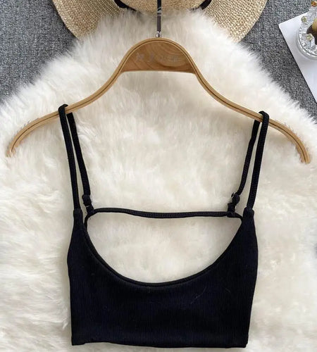 Simple Women Fashion Black Beige Sexy Club Backless Round Collar Chic Tops Summer Gray Off Shoulder Short Slip Vest Trend Casual