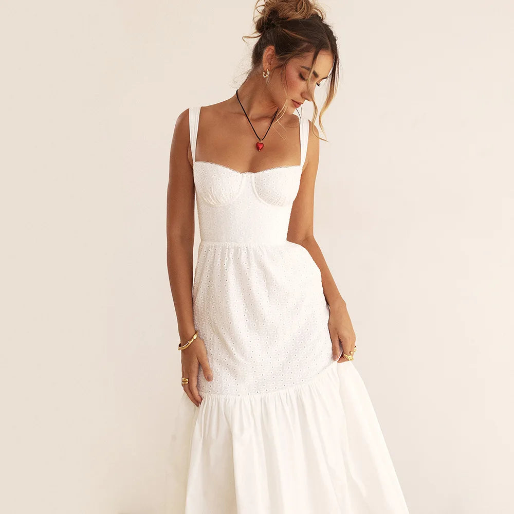 Elegant White Spaghetti Strap Midi Dress For Women Fashion Strapless Sleeveless Backless A-line Club Party Dress