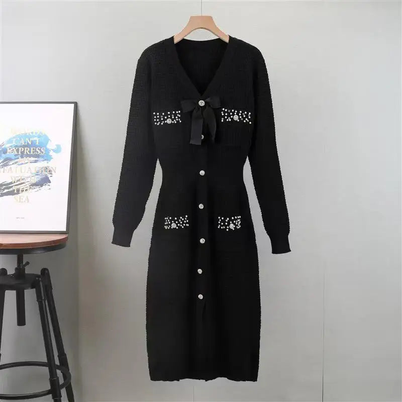 Autumn Winter Black White Single Breasted Diamonds Sweater Dress Korean Green Elegant Office Women's Long Sleeve Bow Knit Dress