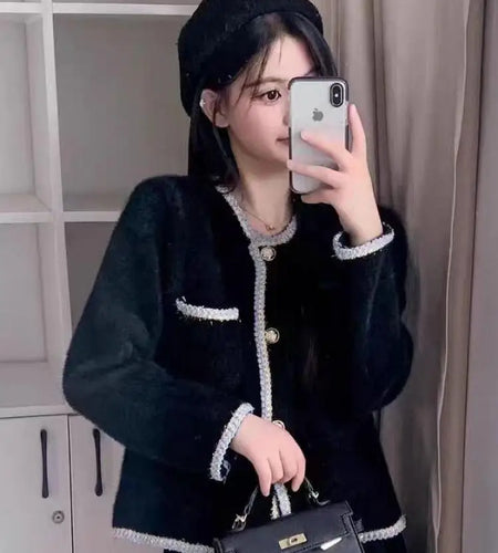 Autumn Winter Black Patchwork Temperament Long Sleeve Mink Sweater Women Fashion Single Breasted Short Knitting Tops New Popular