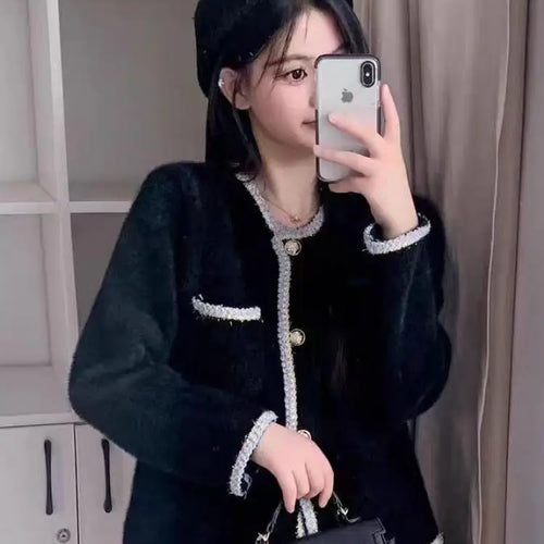 Load image into Gallery viewer, Autumn Winter Black Patchwork Temperament Long Sleeve Mink Sweater Women Fashion Single Breasted Short Knitting Tops New Popular
