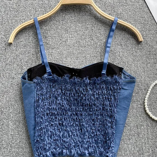 Load image into Gallery viewer, Spliced Diamond Sexy Denim Camisole Tops For Women Square Collar Sleeveless Slimming Vests Female Fashion Clothing
