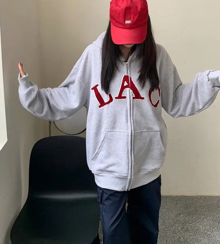 Women Gray Letter Hoodies Tops Harajuku Korean Version Zip Up Loose Sweatshirts Autumn Casual Long Sleeve Hooded Coat Thick Chic